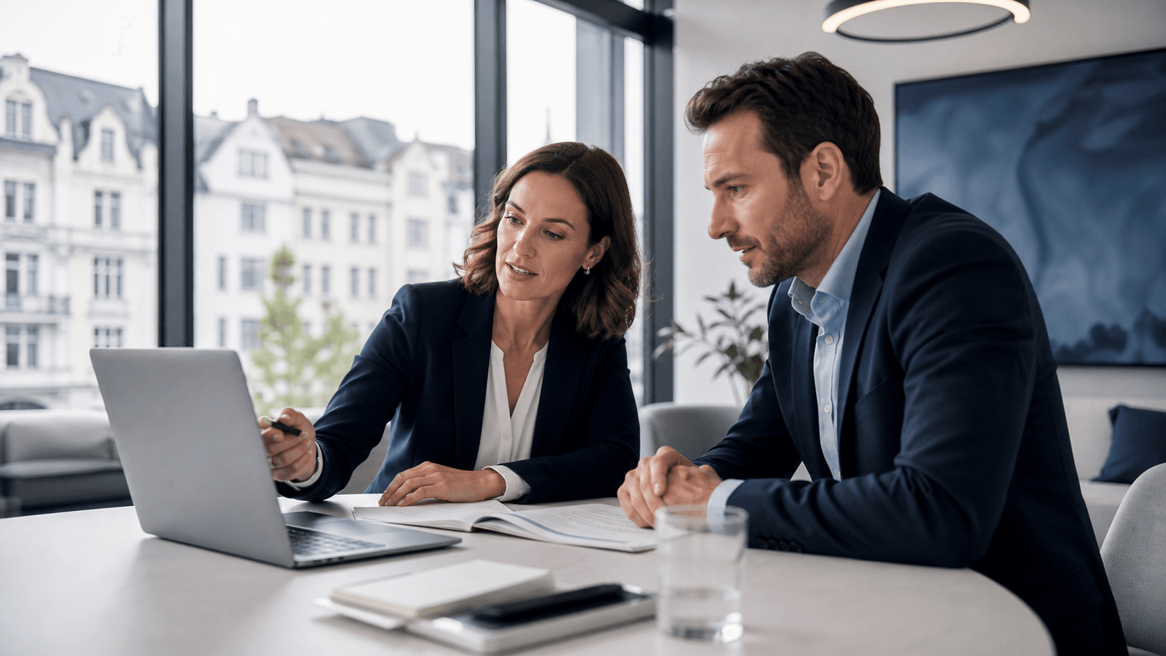 Deux professionnels analysent une demande de prévoyance dans un bureau suisse