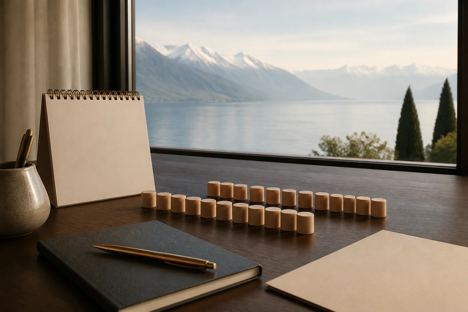 Deux rangées de repères en bois sur un bureau devant un paysage lacustre suisse